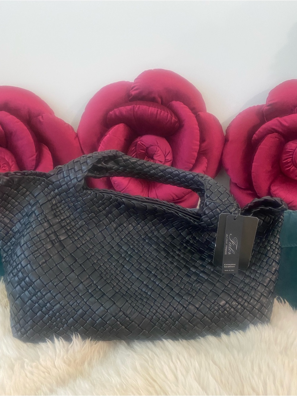 Falor Made in Italy 🇮🇹 Leather Black Woven Tote Bag - Women